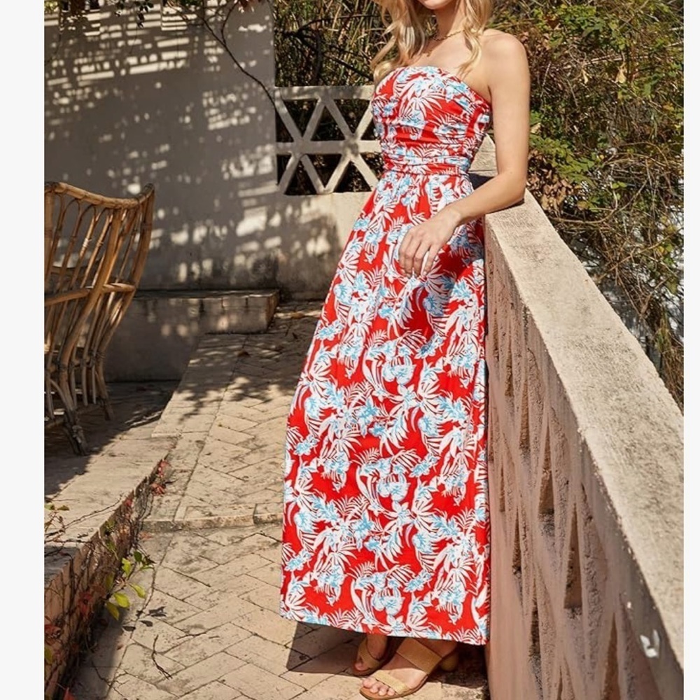 GRACE KARIN Strapless Ruched Top
Maxi Dress with Pockets Floral Red, size XL